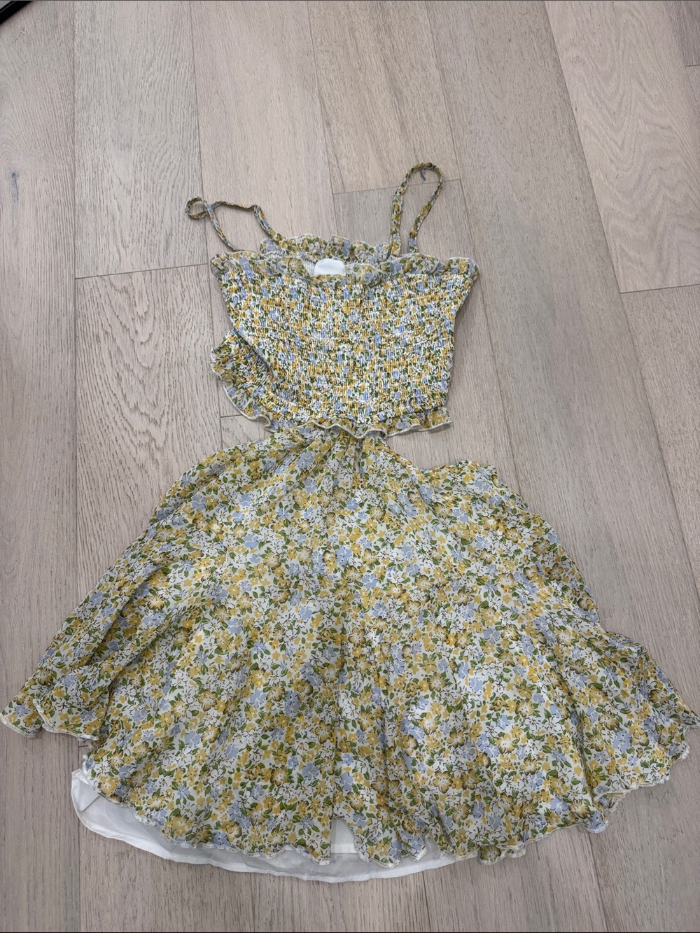 Yellow Floral Smocked Spaghetti-Strap Casual Dress